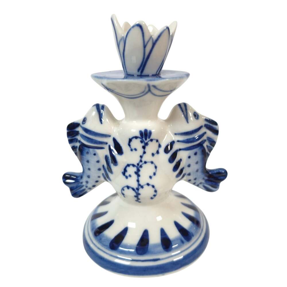 Vintage Russian Gzhel Blue White Porcelain Fish Candlestick Hand Painted